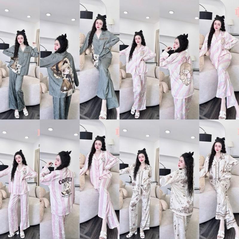Bộ pijama lụa vân gấm bướm hàng thiết kế from 45-65kg quần dài 95cm có túi quần cho phong cách thời trang