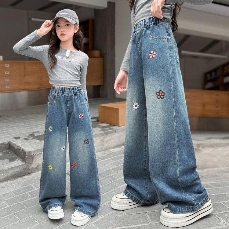 Quần jean thêu hoa ống rộng bé gái size 20-48kg chất jean mềm co giãn thoải mái cho bé đi học đi chơi