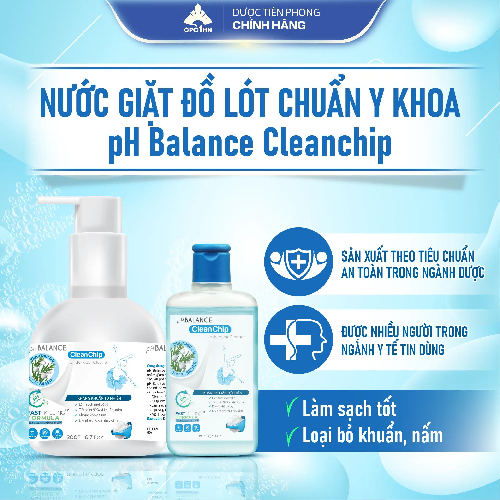 [có che tên] Nước giặt quần lót chuẩn y khoa pH Balance Cleanchip 80ml Nano Bạc và Tràm Trà Hạn chế nấm kh.uẩn, Giặt sạch vết bẩn, dịu nhẹ an toàn cho da