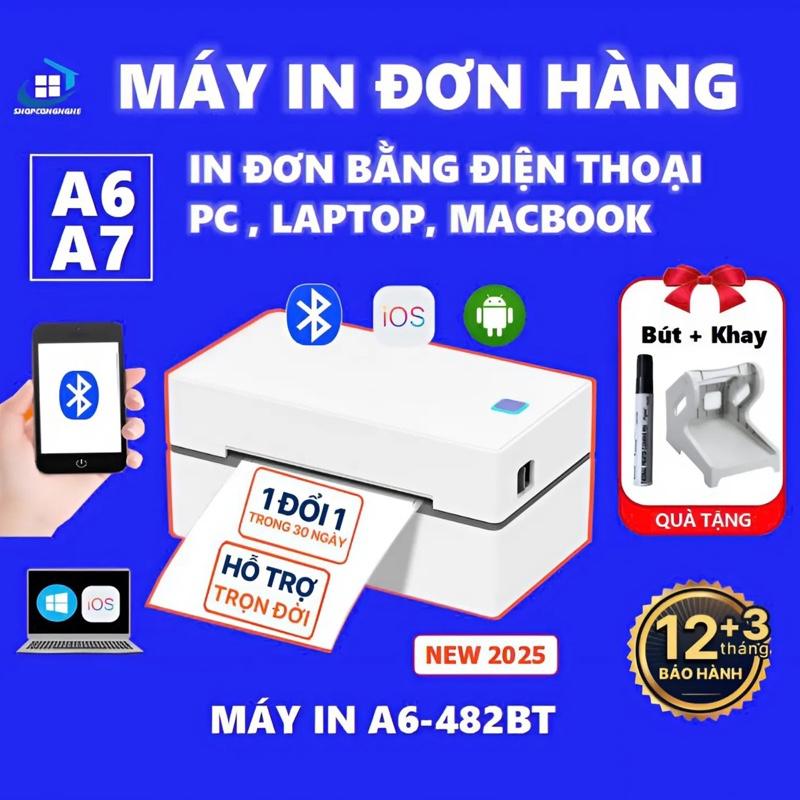 Máy in đơn hàng | Máy in nhiệt Bluetooth 482BT-488BT khổ to A6~100x150mm Không dùng mực, in Đơn hàng các sàn TMĐT bằng Điện Thoại, Máy tính. in Tem Nhãn. BH 15 tháng