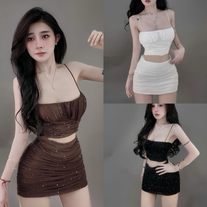 Set đồ nữ, Áo 2s thun lưới đính đá bling phối chân váy ôm ngắn nhún cá tính quyến rũ, Set váy lưới đá sexy đi chơi đi tiệc đầm hai vay kieu