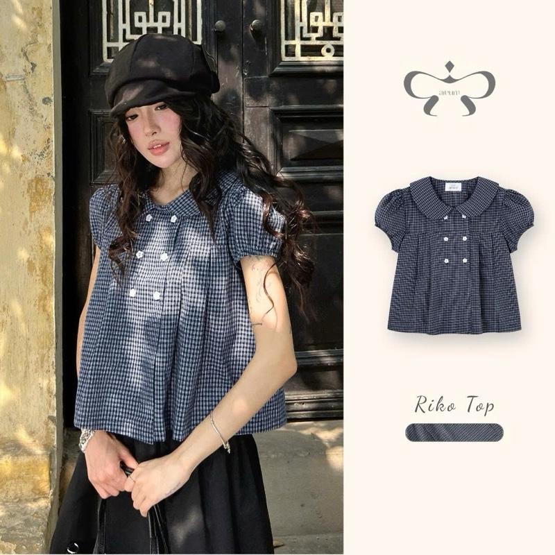 AREUM Áo sơ mi kiểu RIKO Top CỔ SEN tay bồng vải cotton caro