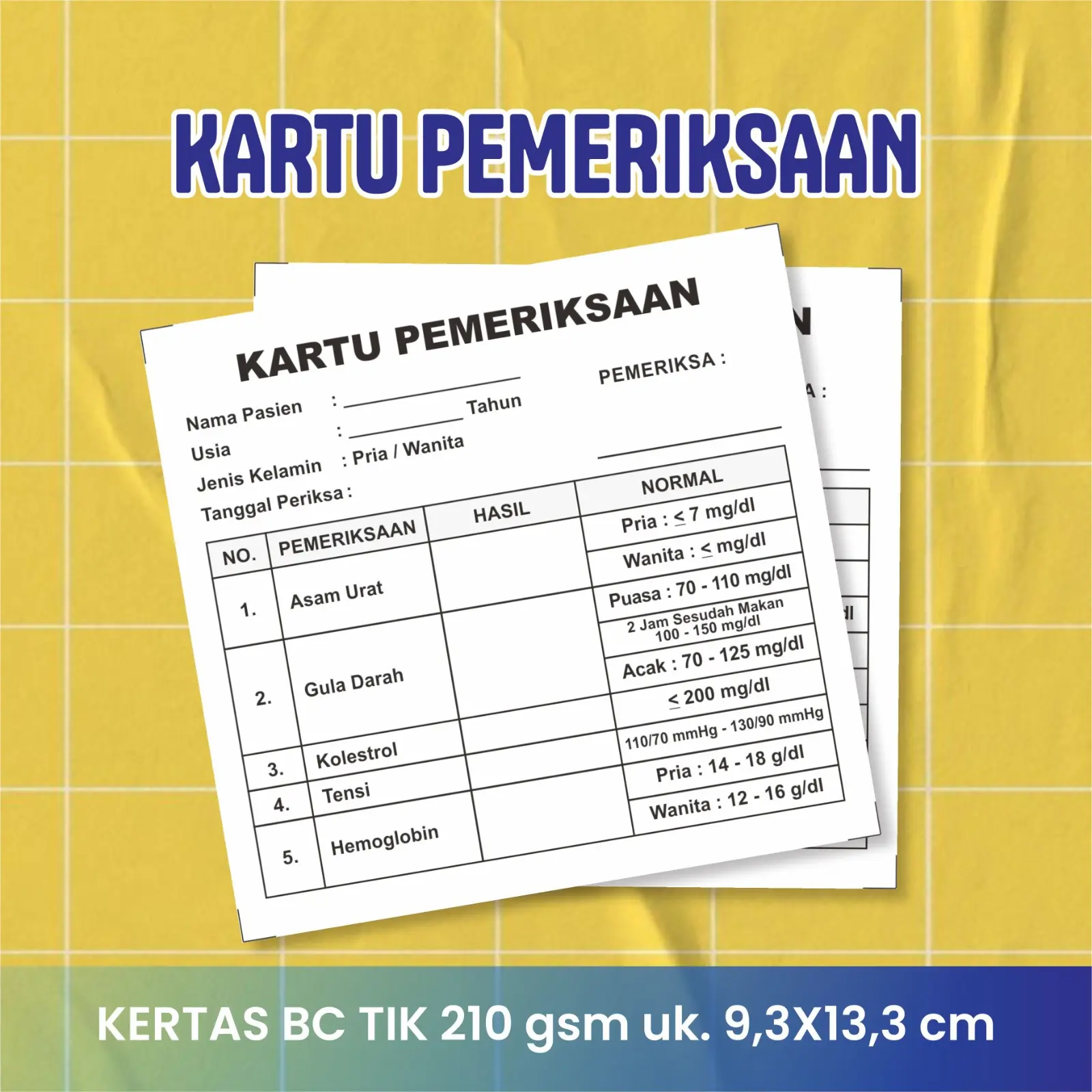 Kartu Pemeriksaan Laboratorium untuk Klinik & Puskesmas Kontrol Gula Tensi Harian Isi 100 Lembar