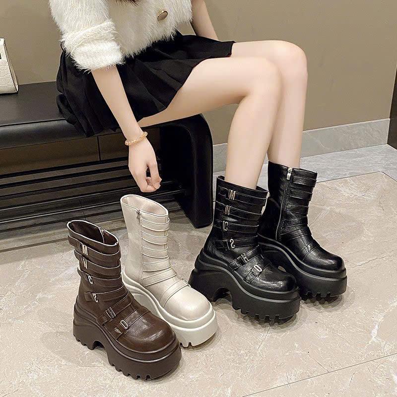 Giày bốt nữ cao cổ khóa cạnh đế cao 10cm da PU đai ngang phong cách cá tính 3 màu phối đồ chất