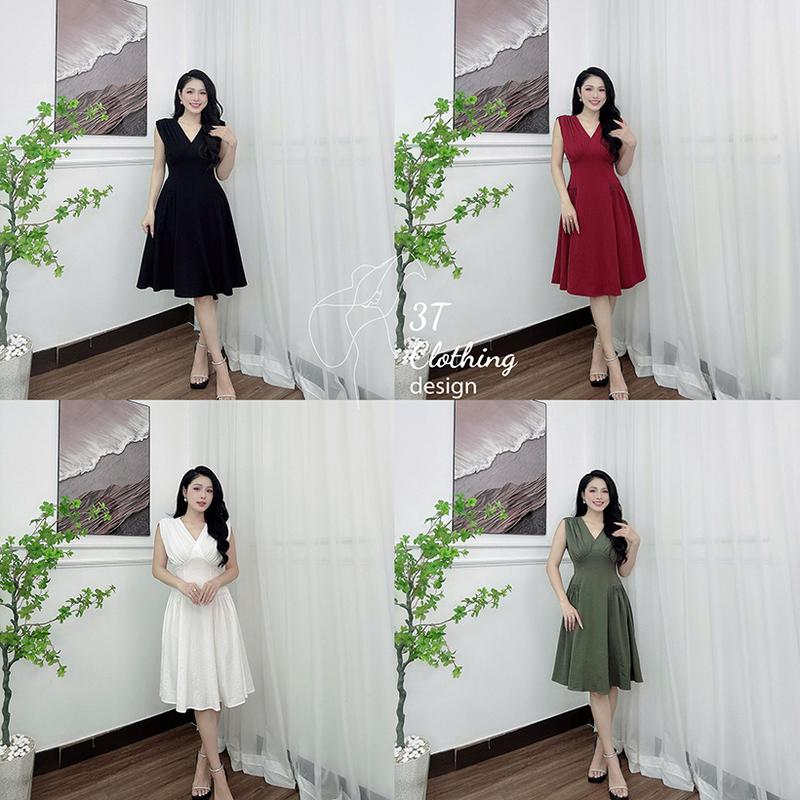 Đầm váy nữ vải linen cao cấp dáng đầm xoè phối cổ chữ V thiết kế eo chun co giãn có dây kéo bên hông form bigsize 40kg-80kg mã B42