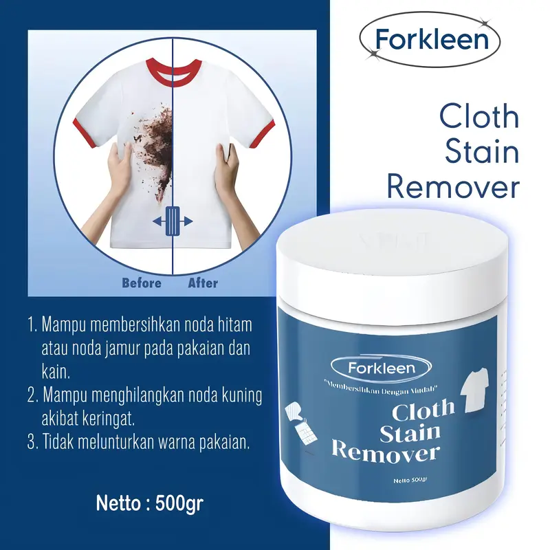FORKLEEN PEMBERSIH PAKAIAN 250 GRAM DAN 500 GRAM/ DETERGEN PENGHILANG JAMUR PAKAIAN BERWARNA/ PENGHILANG NODA MEMBANDAL 0