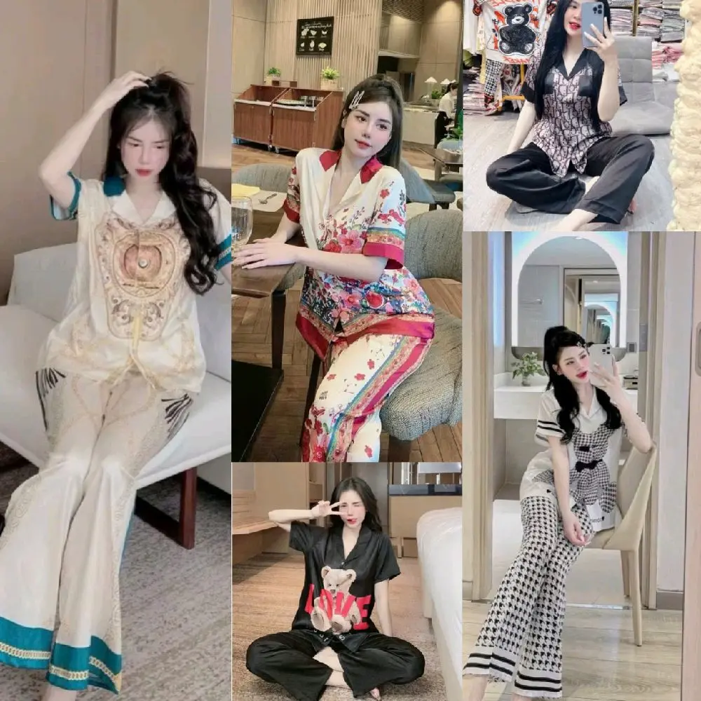 Bộ pijama tay cộc quần dài chất liệu lụa xước ánh kim đồ bộ nữ Women