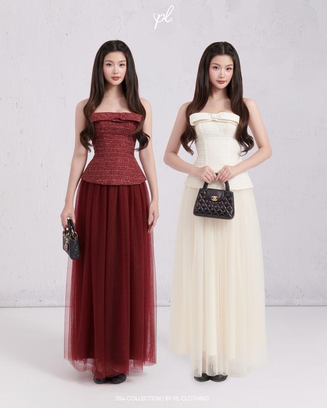  Set Áo Và Chân Váy Thiết Kế AURA SET - Áo Tweed Cúp Phối Nơ Phối Váy Lưới Dài PL CLOTHING 