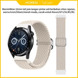MoreinWear 22mm tali jam tangan pintar asli berbahan nilon rajutan, warna krem/hitam/merah muda, cocok untuk Nova1/GT1/S1/R1/R2.