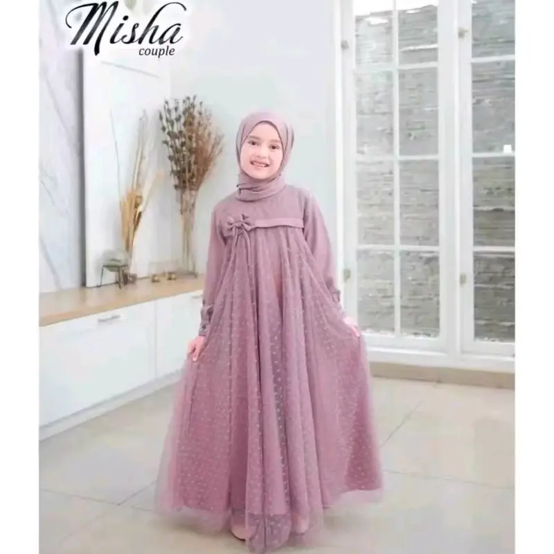 Misha dress kids usia 5-15 thn UK M, L, XL bahan shakila mix tille dot gamis terbaru / gamis anak perempuan / gamis lebaran / gamis Renda baju  lebaran 8