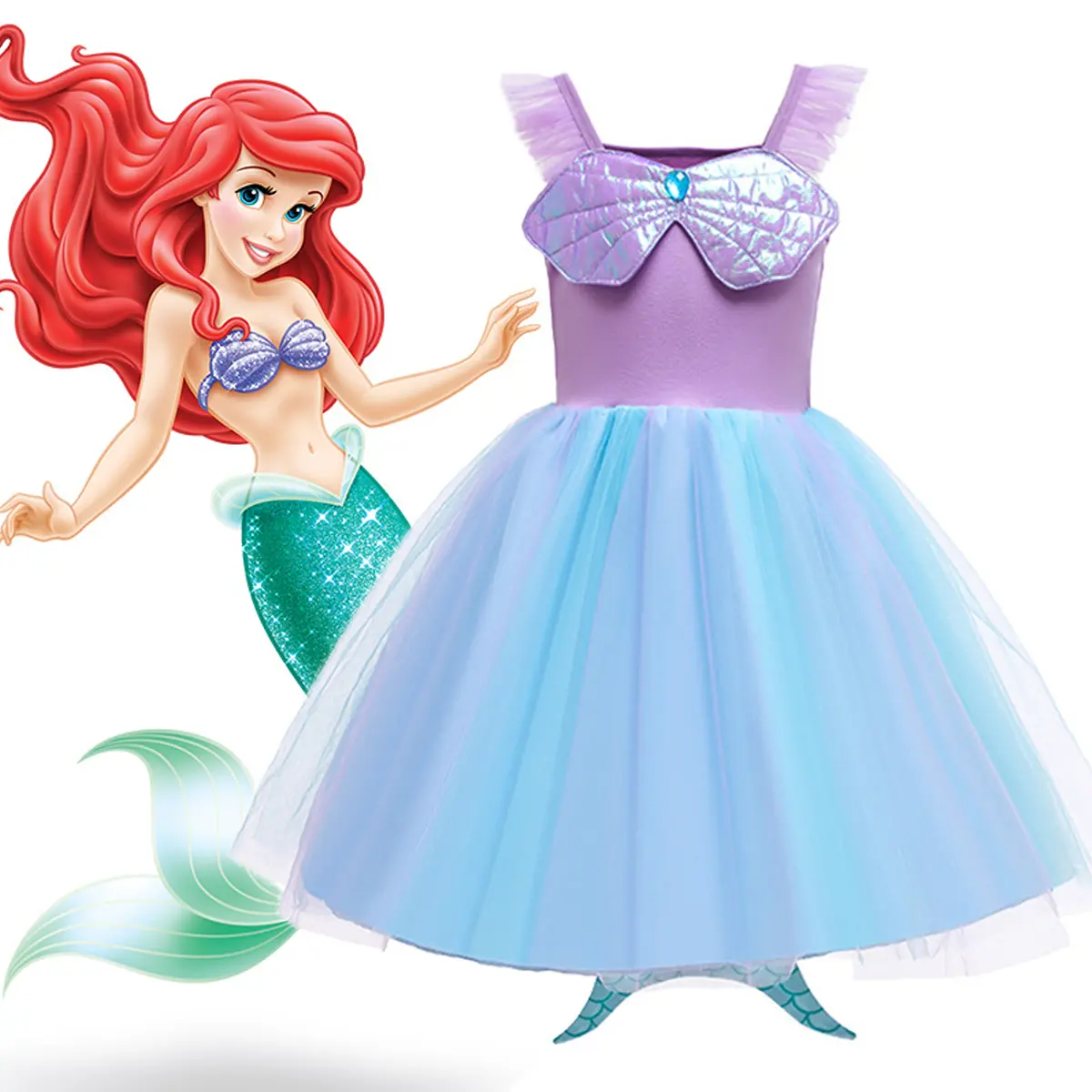 Kids Girl Mermaid Princess Dress Cosplay Costume Summer Super Fairy Patchwork Puffy Mesh Dress  Halloween Party Children Clothes