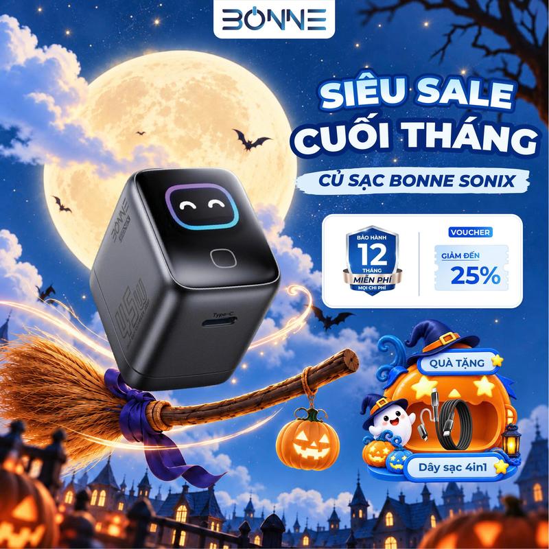 S Tặng Dây Sạc 65W 3in1 - Củ Sạc Bonne SONIX 45W có hiển thị màn hình, nhận diện thiết bị sạc, kiểm soát nhiệt độ
