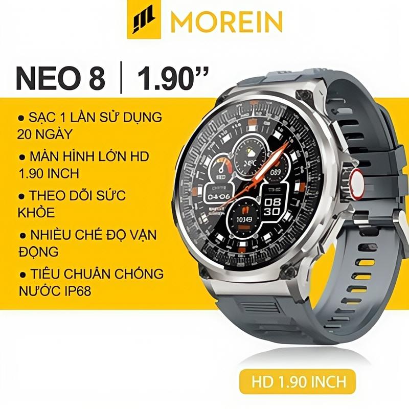 Morein Đồng Hồ Thông Minh Neo 8 - Màn Hình 1.90 Inch Chống Nước IP68 Theo Dõi Nhịp Tim & Oxy Máu Pin 20 Ngày Nghe Gọi Bluetooth Smartwatch Nam Chống Nước Chạy Bộ