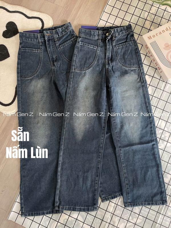 (JEAN NẤM LÙN) Quần JEAN SUÔNG NỮ MÀU XANH ĐẬM BỤI TÚI TRÒN KIỂU TRƯỚC ỐNG RỘNG CẠP CAO CHO NẤM LÙN CỰC XINH Lưng Cao Kem Women Pants size xs quansuong namlun m5 jeans