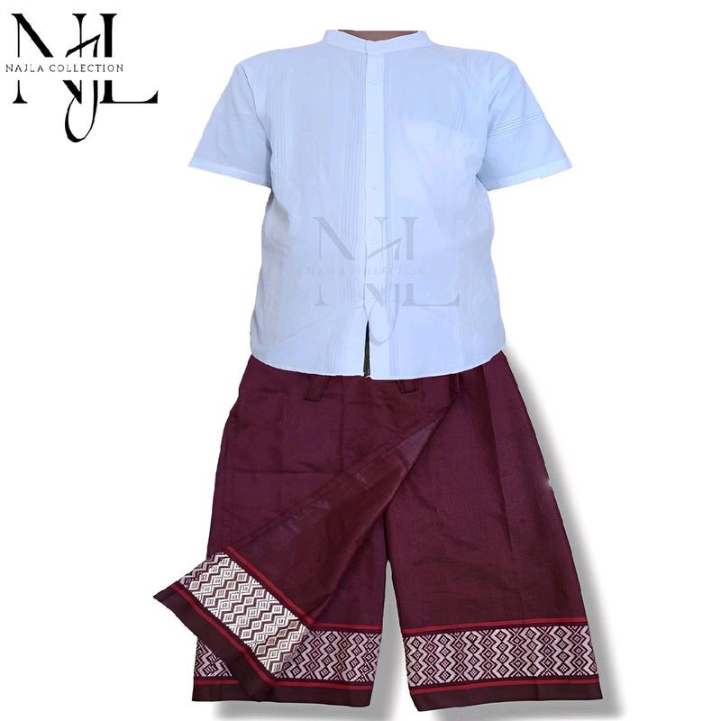 Setelan Koko Putih Anak Cowok Remaja Lengan Pendek SARKOCI Sarung Celana Motif+Baju Muslim Bahan Katun Terbaru Kombinasi kemeja laki2 6–12 baju laki 1