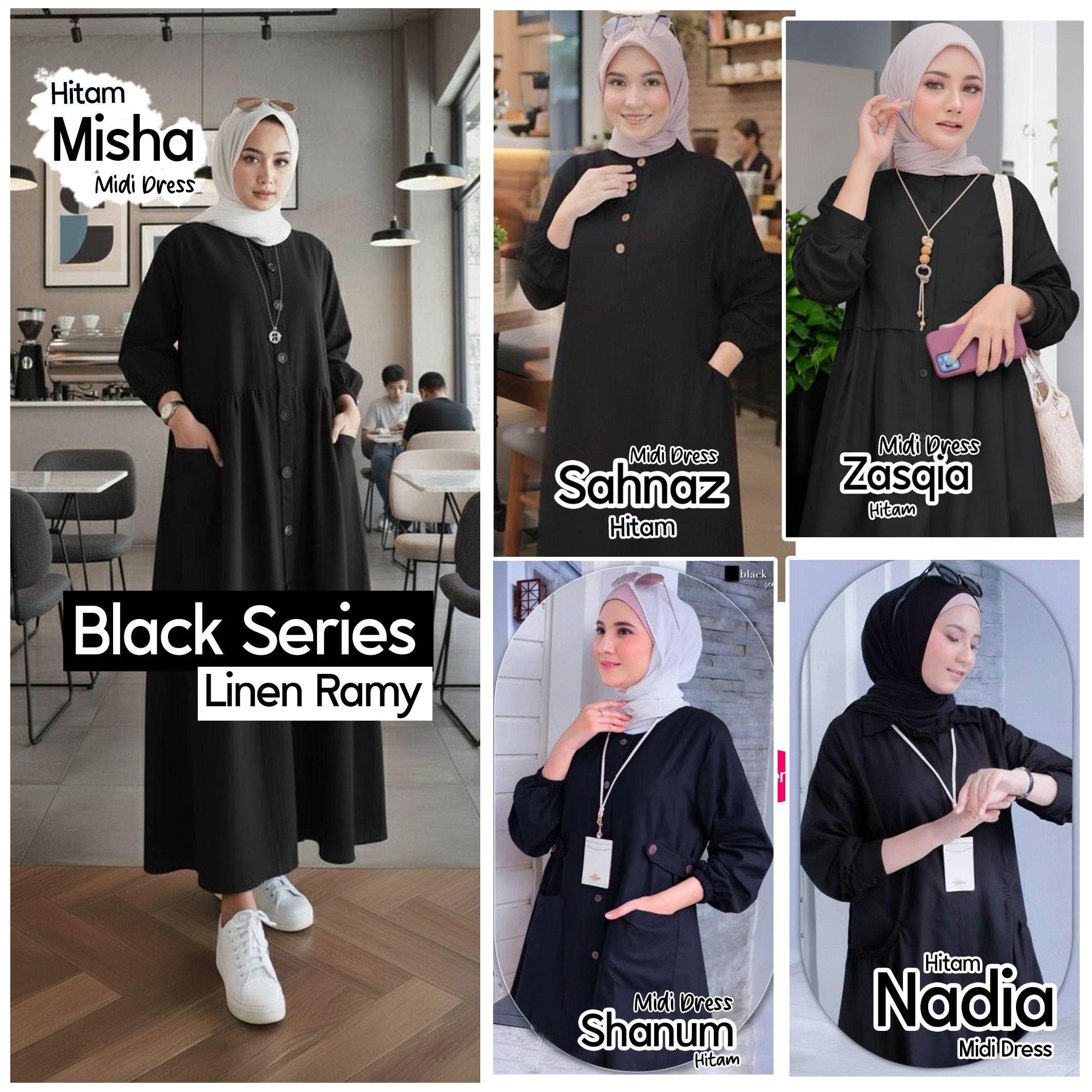 Black Series Gamis Midi Dress Wanita Muslimah Warna Hitam Black Series Gamis Midi Dress Wanita Muslimah Warna Hitam