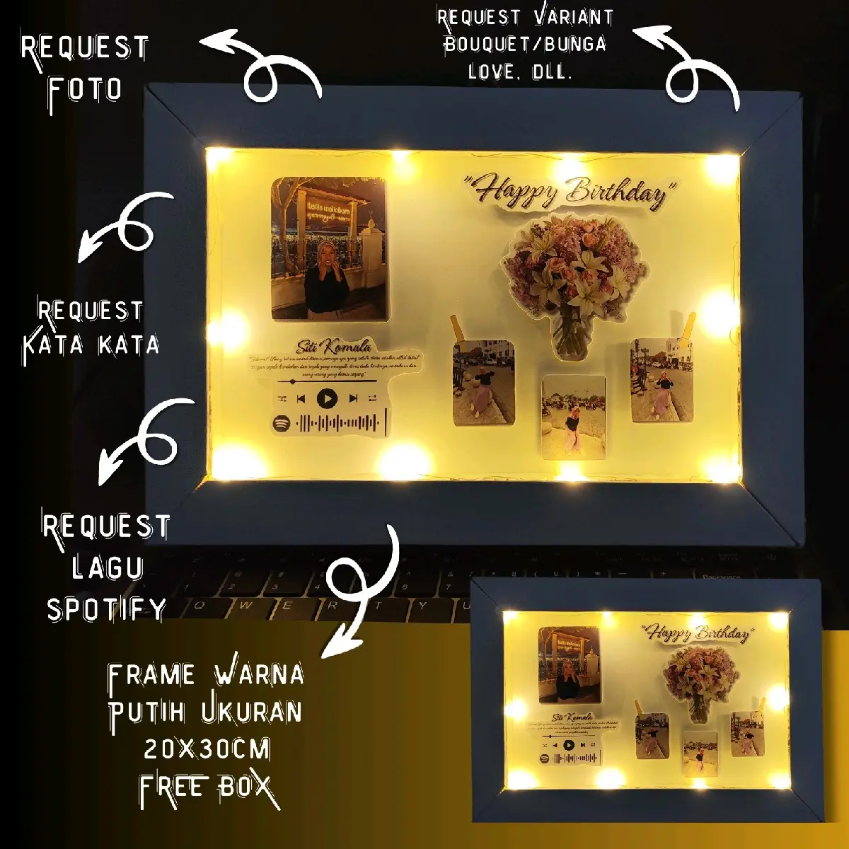 Frame Custom Foto Untuk acara Ulang tahun/wisuda/wedding/Anniversary/dan acara lainnya Bisa 1 Hari Jadi Kado Lampu