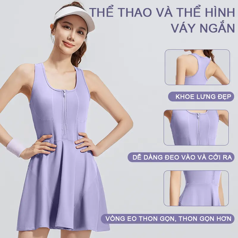Váy thể thao một mảnh có khóa kéo chống lộ đáy váy thể thao chạy bộ ngoài trời Sport