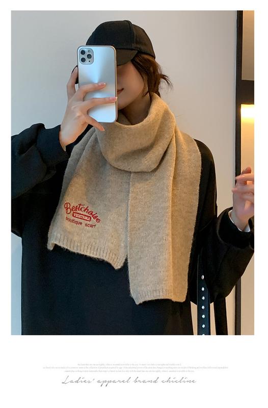 Product Introduction of Embroidered Brown with Letters with Woolen Knitting Scarf Winter Girls 2023 New High-Grade Korean Style All-Match Scarf 10