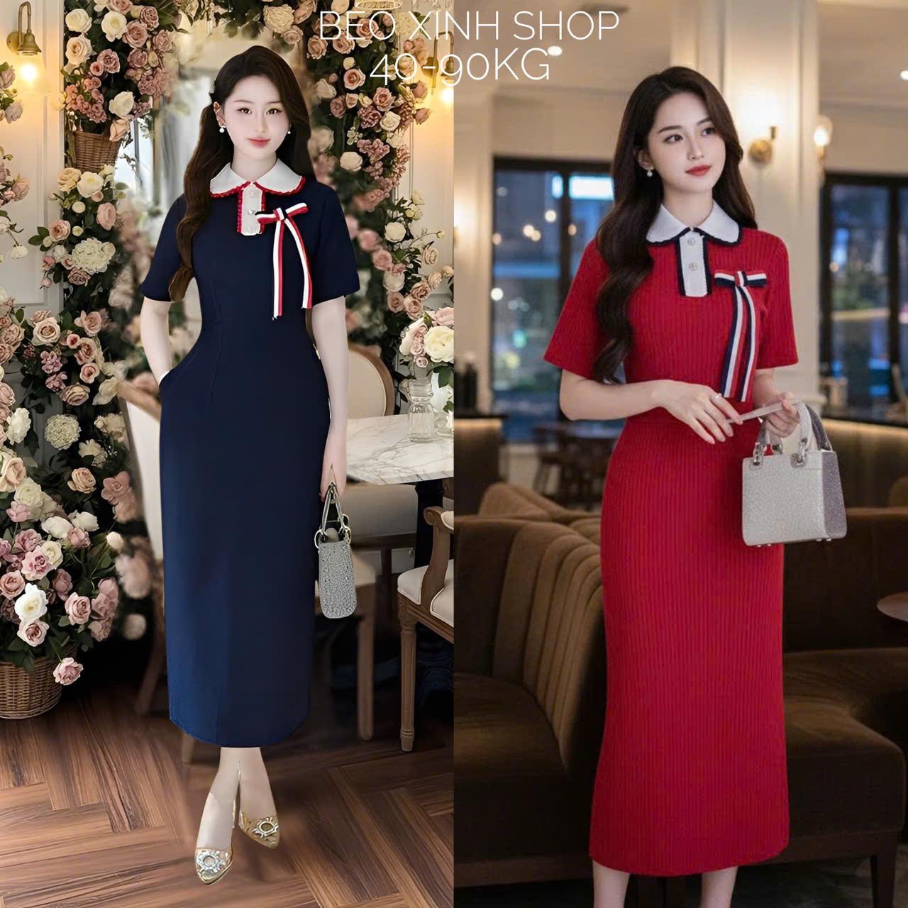 Váy Dự Tiệc Nữ Cổ Bẻ Phối Nơ Vải Cotton Lạnh Cao Cấp Thanh Lịch Cho Các Nàng Bigsize 40–90kg Thời Trang Nữ Béo Xinh Shop - A.1618