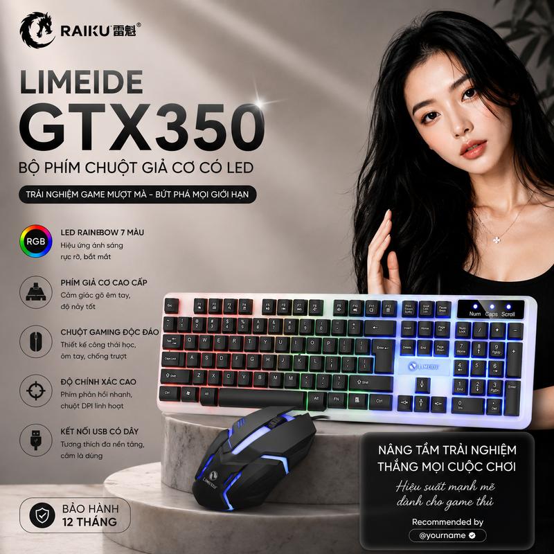 Bộ Bàn Phím Chuột Giả Cơ LIMEIDE GTX350 LED RGB Gaming Có Dây Gõ Êm Dùng Chơi Game Văn Phòng