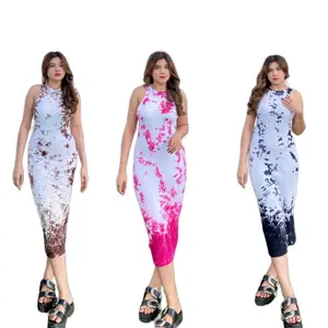 [Hoki] ZAYA Long Dress Slim Rib Body Suit  Boat Neck | Motif Tie dye | Regular Size | Gaun Casual dan Stretch Wanita Fit Body Panjang Slit Formal Mini Basic Baju Garis Navy Katun | sandy ss bodycon