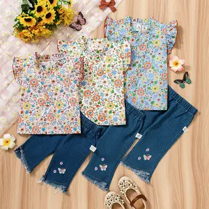 Angenius Setelan Baju Kemeja Sleeves Anak Perempuan Atasan Katun Motif Celana Jeans Renda Kasual Style Fashion