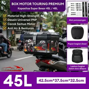 【100% barang asli 】45 L Kapasitas Besar Tahan air  Box Belakang Motor Kotak penyimpanan MOTOR MURAH ABS belakang sepeda motor untuk Gunung sepeda motor dengan lampu strip reflektif suku cadang bagasi bak truk Tail Top Box Almunium Alloy Case Motorcycle
