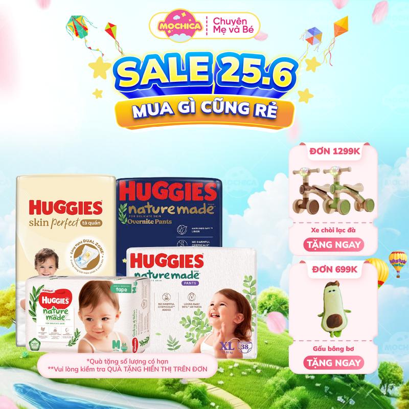 [MUA 1299K TẶNG XE CHÒI CHÂN CÓ ĐÈN] Bỉm dán/quần HUGGIES Natural MADE cao cấp bông tự nhiên Cho Bé
