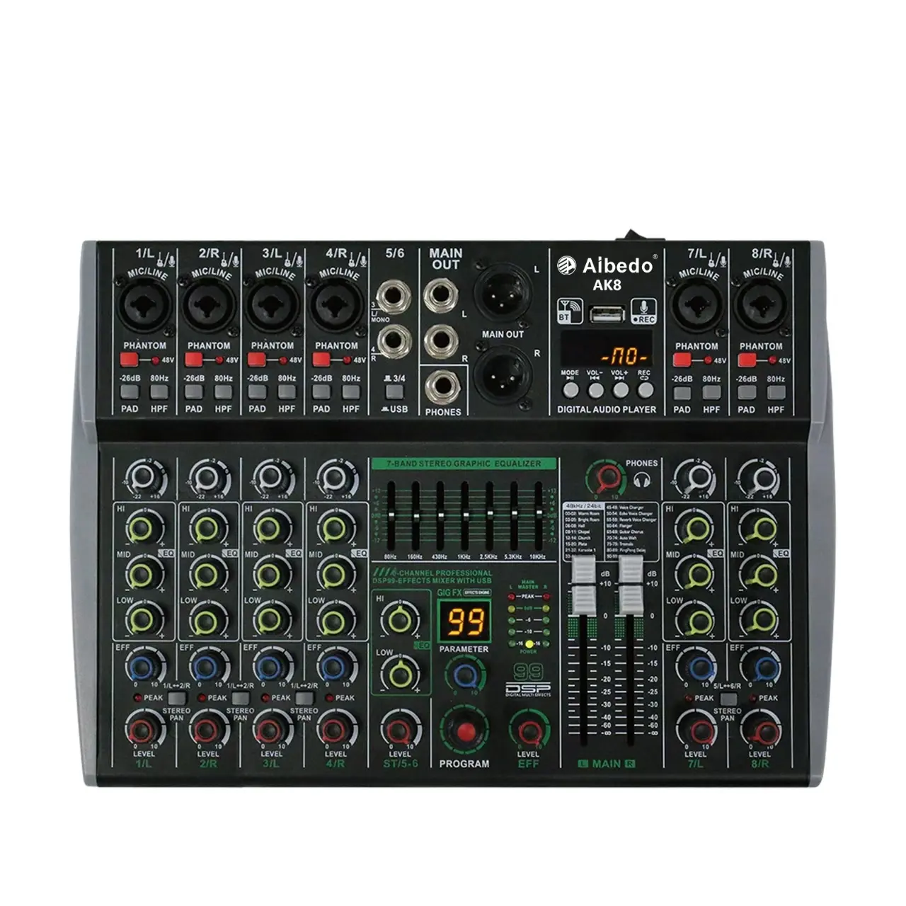 Audio Mixer AIBEDO 4/6/8-channel ini memiliki 99DSP dan EQ 7-band. Dapat memutar musik melalui Bluetooth dan USB. Dapat juga digunakan untuk perekaman komputer. Cocok untuk gereja, siaran langsung, pernikahan, dan konser kecil.