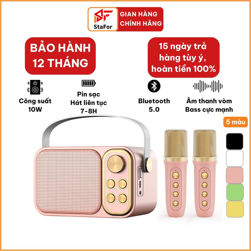 Loa Karaoke Mini Bluetooth kèm 2 Mic không dây công suất lớn Bass mạnh âm thanh vòm cực hay kết nối ĐT máy tính Tivi.