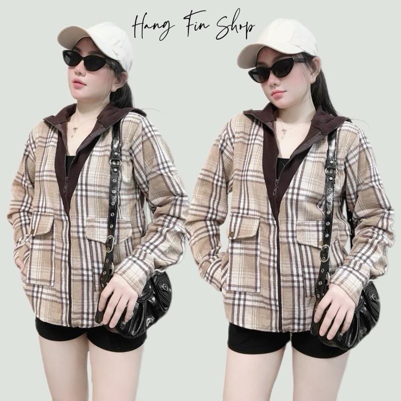 HF - Áo Khoác Sơ Mi Dạ Caro Flannel Phối Nón Thun Gân, Tay Dài, Form Rộng Năng Động, Trẻ Trung by Hangfinshop, Nữ Top Jacket