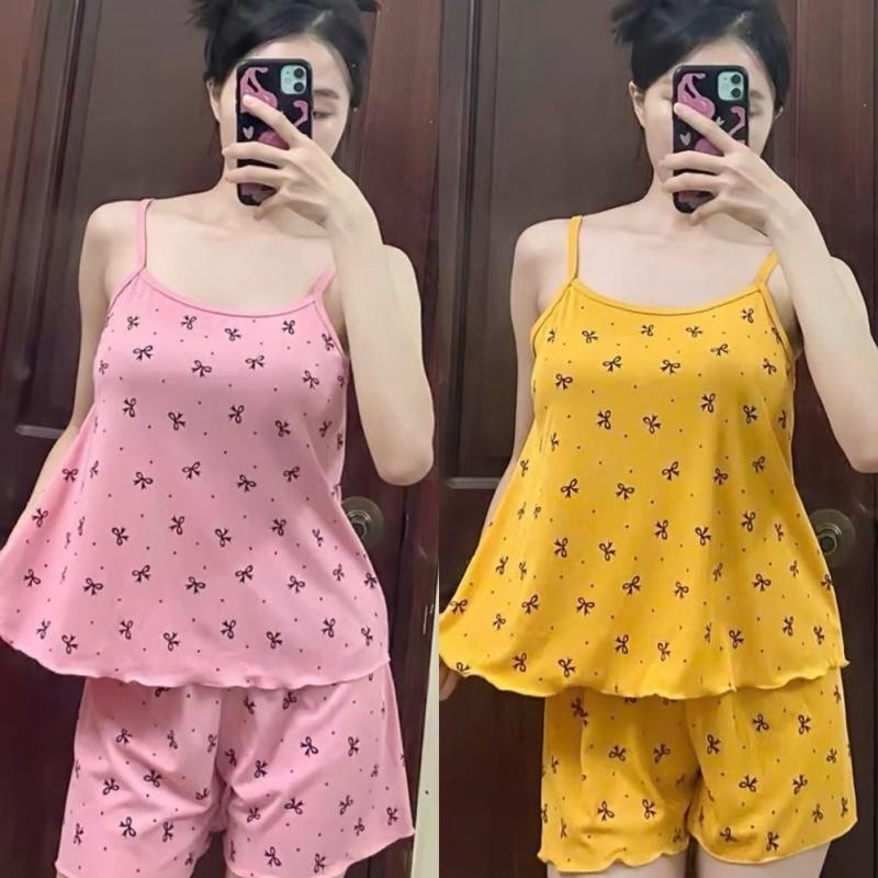  T87  40-60kg  Đồ bộ quần đùi thun gân tăm lạnh ôm dáng co dãn 4 chiều in hoạ tiết ngẫu nhiên Top Ong Nhung Nữ 