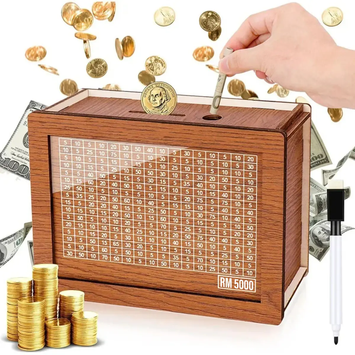 （3 Option）Piggy Bank Kayu, Kotak Wang, Boleh Digunakan Semula, dengan Matlamat dan Nombor Simpanan, Membantu Tabiat Menyimpan, Bank Simpanan tabung 10k