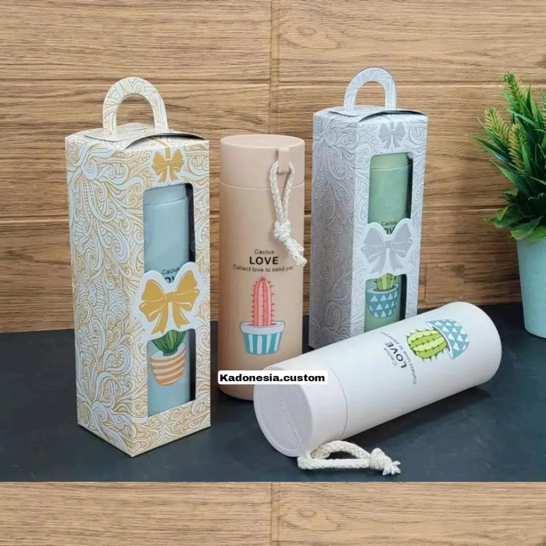 Botol minum souvenir Tumbler kaca motif kaktus love kado hadiah gift hampers unik ulang tahun ultah wisuda pernikahan wedding event doorprize murah lucu