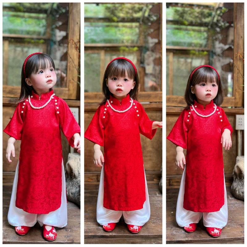 (ADTT01)-Sét Áo dài Tết gấm truyền thống +quần ống xuông lụa bóng ( tặng vòng cổ và cài tóc) 8-38kg