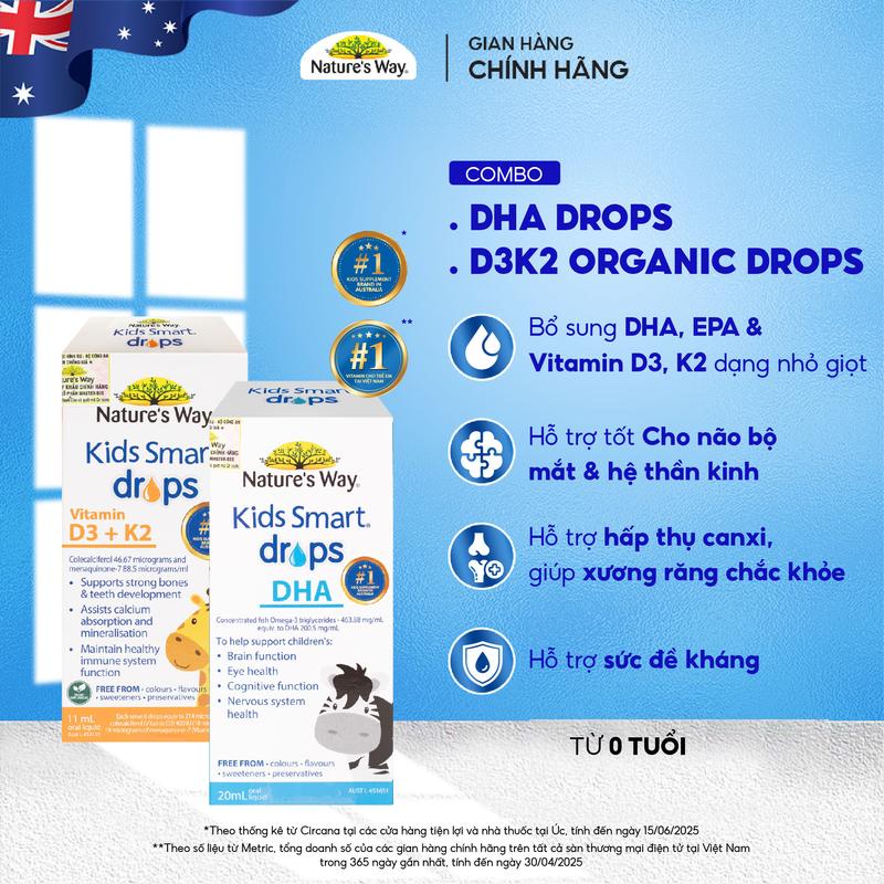   NW  Combo 2 Sản Phẩm Nature's Way Kids Smart Drops DHA Và Nature's Way Kids Smart Drops VD3 D3K2 Dạng Giọt - Hỗ Trợ Chăm Sóc Sức Khỏe Cho Bé 