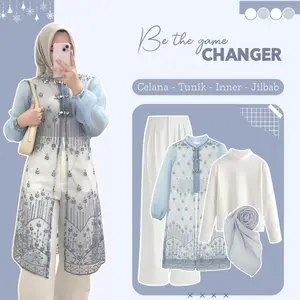 Setelan Wanita For Raya 4in1 (Tunik Brokat Denim - Manset Kaos - Celana Kulot - Rok Duyung - Jilbab) OOTD Kondangan Glamour Kekinian LO3N
