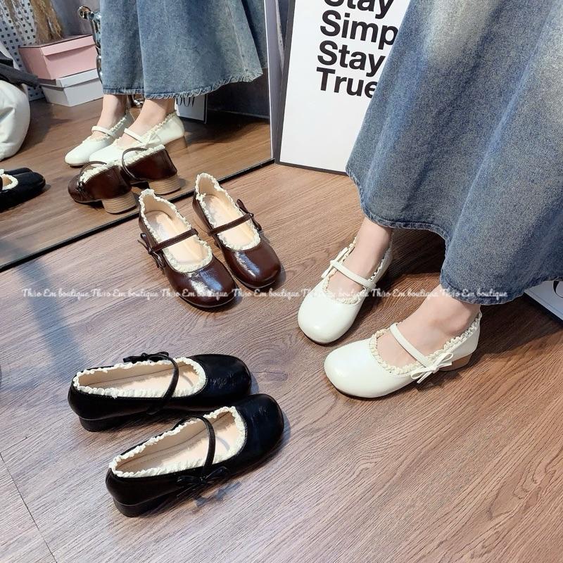 [Thảo Em - BB38]Giày búp bê đế 3cm mũi tròn phối viền full ren nơ đính nơ cạnh tiểu thư thời trang hè thu