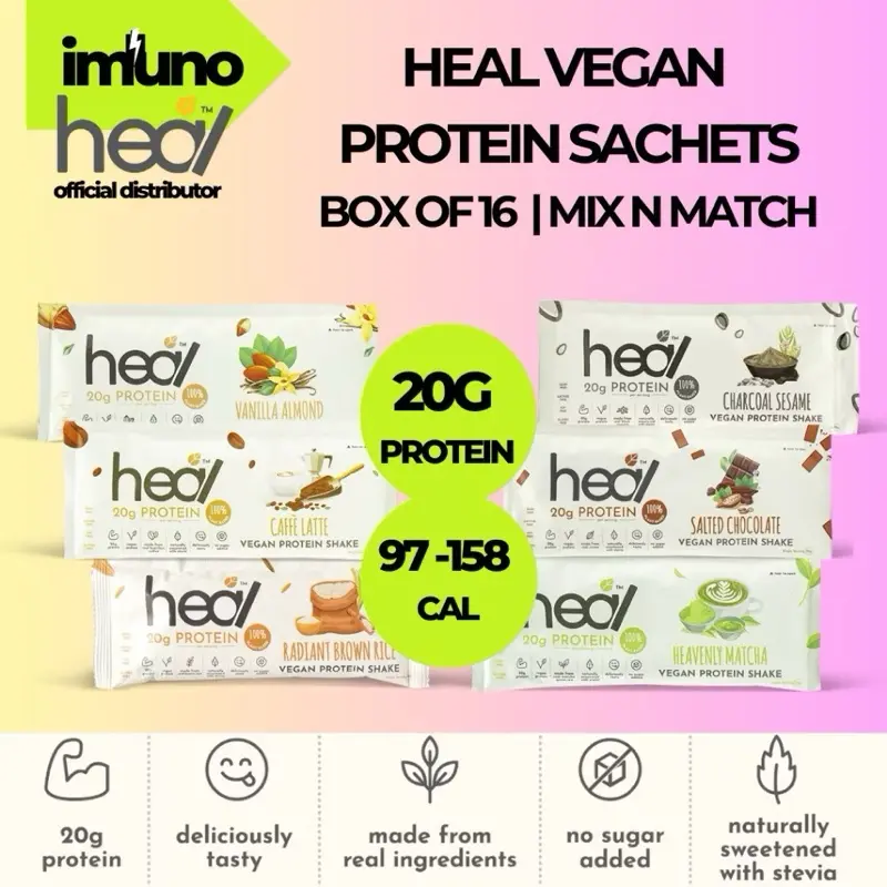 [Imuno] Heal VEGAN Protein powder sachets 20g protein, Low Cal, (Halal, Box of 16, Mix n Match)