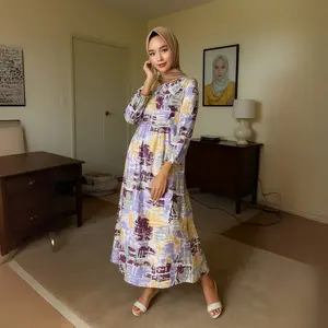 Daster midi motif abtrak lengan 3/4