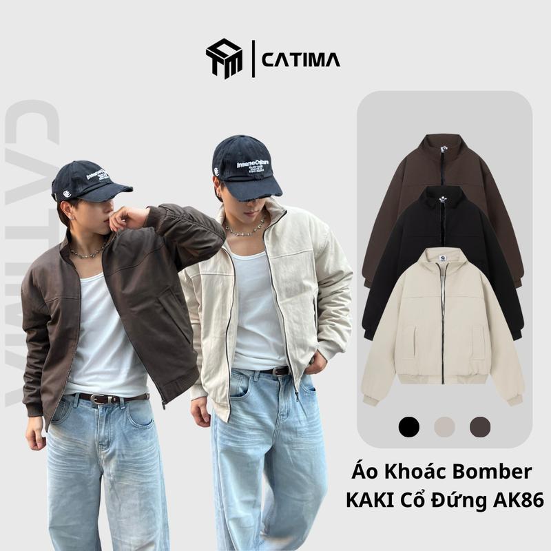 Áo Khoác Bomber Cổ Đứng Tay Nhúm CATIMA Chất vải KAKI 2 lớp trần bông quả trám form Rộng Nam Nữ Unisex Ak86