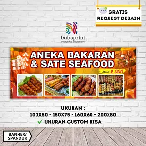 Cetak Spanduk | Banner Aneka bakaran sosis dan sate seafood | Bisa Request Desain Gratis Custom MMT Bubu Print