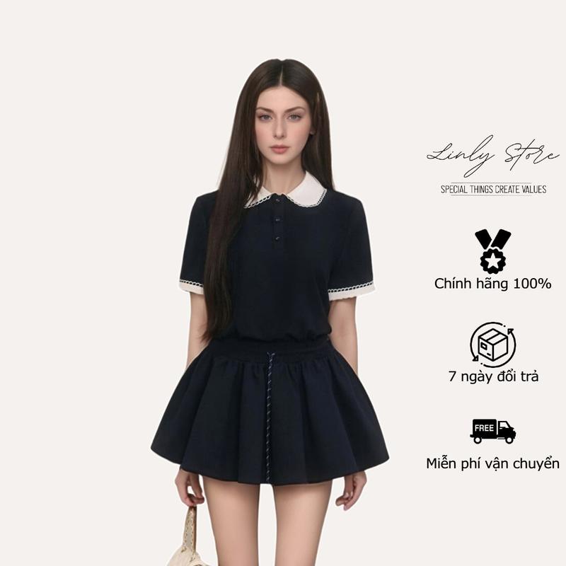 Set đồ nữ kiểu tiểu thư áo thun polo cổ sen thiết kế tay viền và chân váy xòe dáng ngắn Linly Store