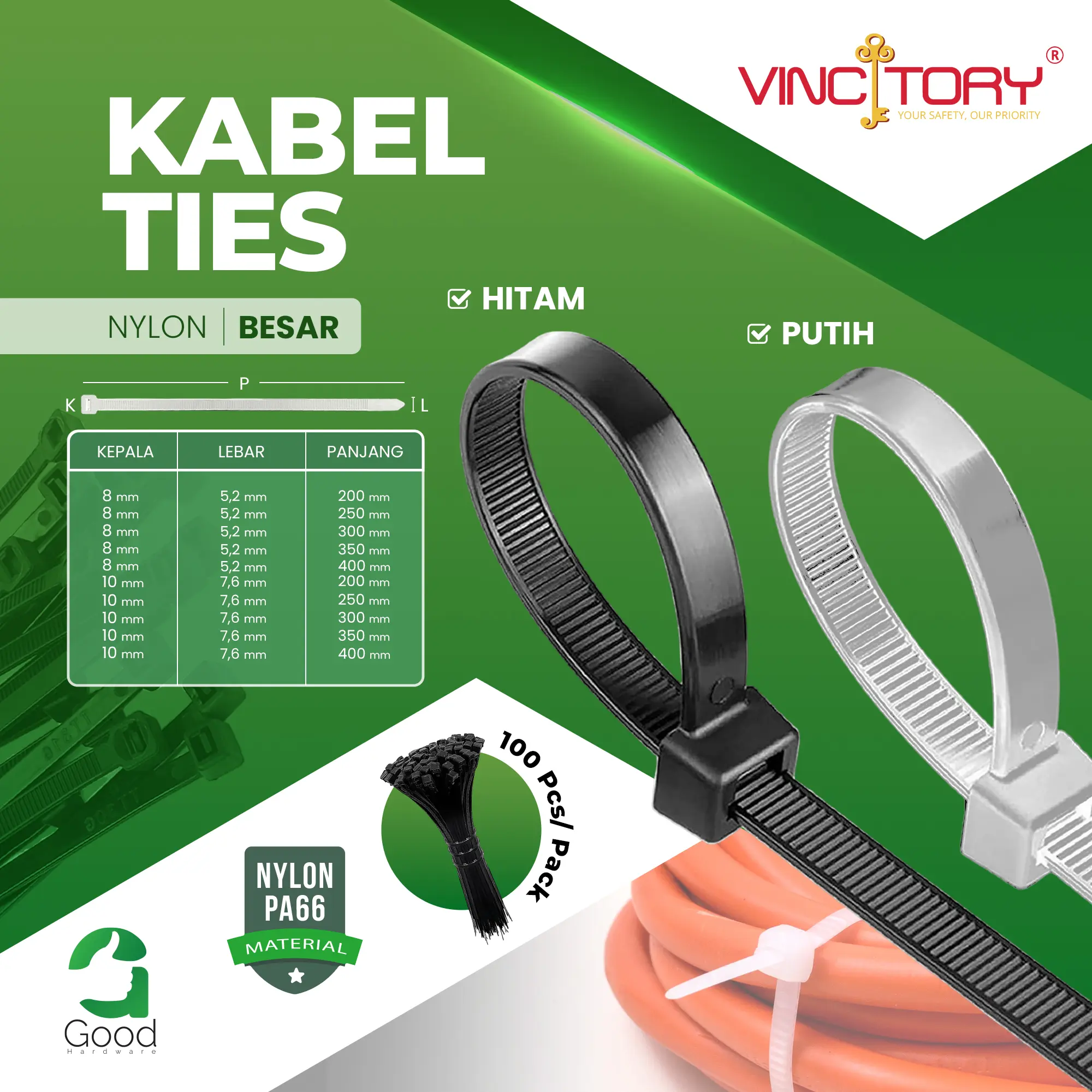 VINCITORY Kabel Ties Nilon Putih Hitam Cable Tie Pengikat Kabel 1Pack isi 100 PCS