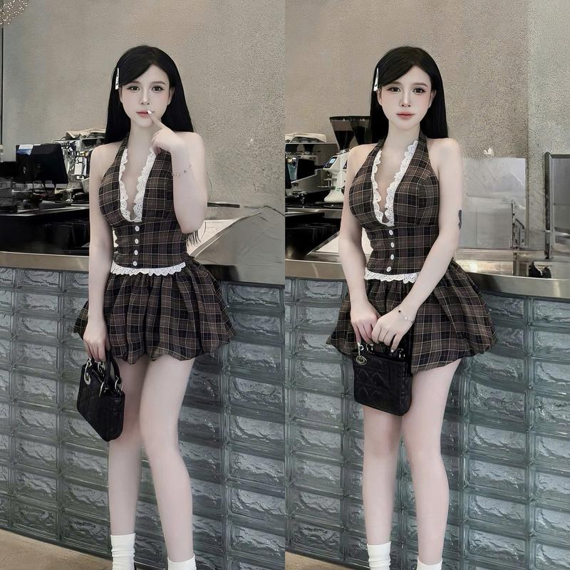 Set đồ nữ kẻ sọc áo thiết kế cổ yếm phối ren đính nút kèm chân váy bí phồng [Có Mút,Có Lót Quần] sang chảnh dành cho các nàng diện đi chơi