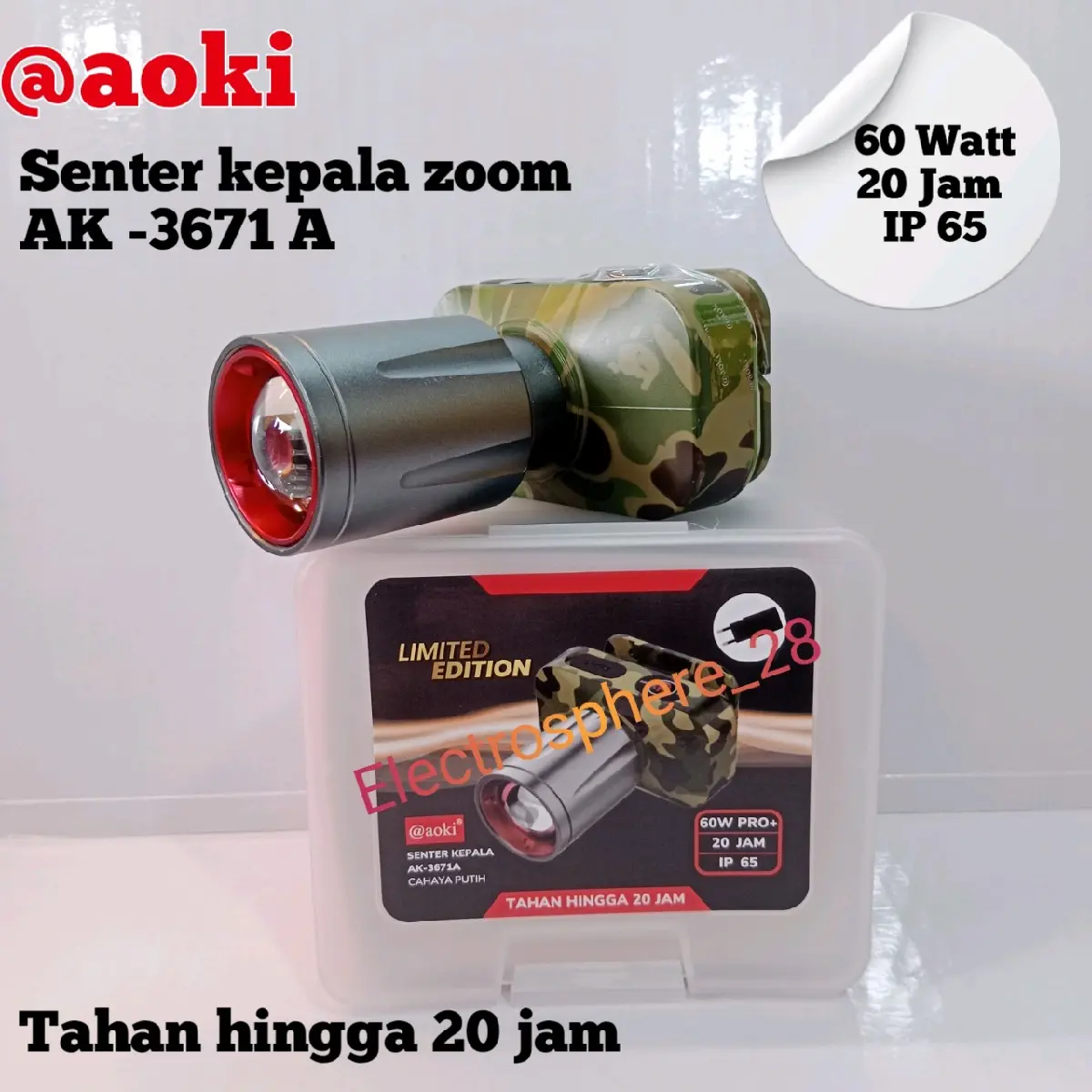 Senter kepala Zoom Aoki AK-3671A pro army 60 watt- Baterai