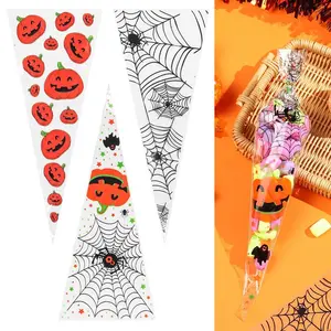 100PCS DIY Cone Spider Cobweb Cookie Bag Package Gift Candy Pouch Halloween Candy Bags