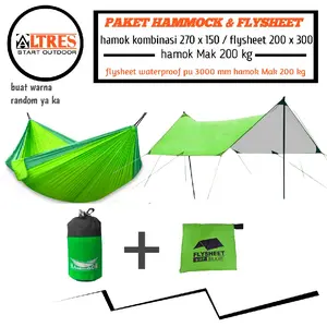 paket hemat Hammock & flysheet hamok kombinasi 270 x 150 + flysheet 300 x 200 atap tenda camping tempat tidur gantung Outdoor Ayunan anti hujan