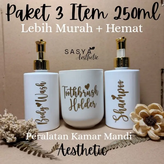 Paket Peralatan Kamar Mandi Botol Sabun & Shampo Pump Plastik Aesthetic Gelas Tempay Sikat gigi dispenser odol Putih Gold & Silver Lebih Murah & Hemat (T1P) 1